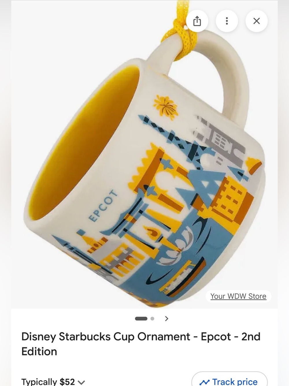 Starbucks EPCOT Ceramic Mug Ornament - White, Yellow, Blue